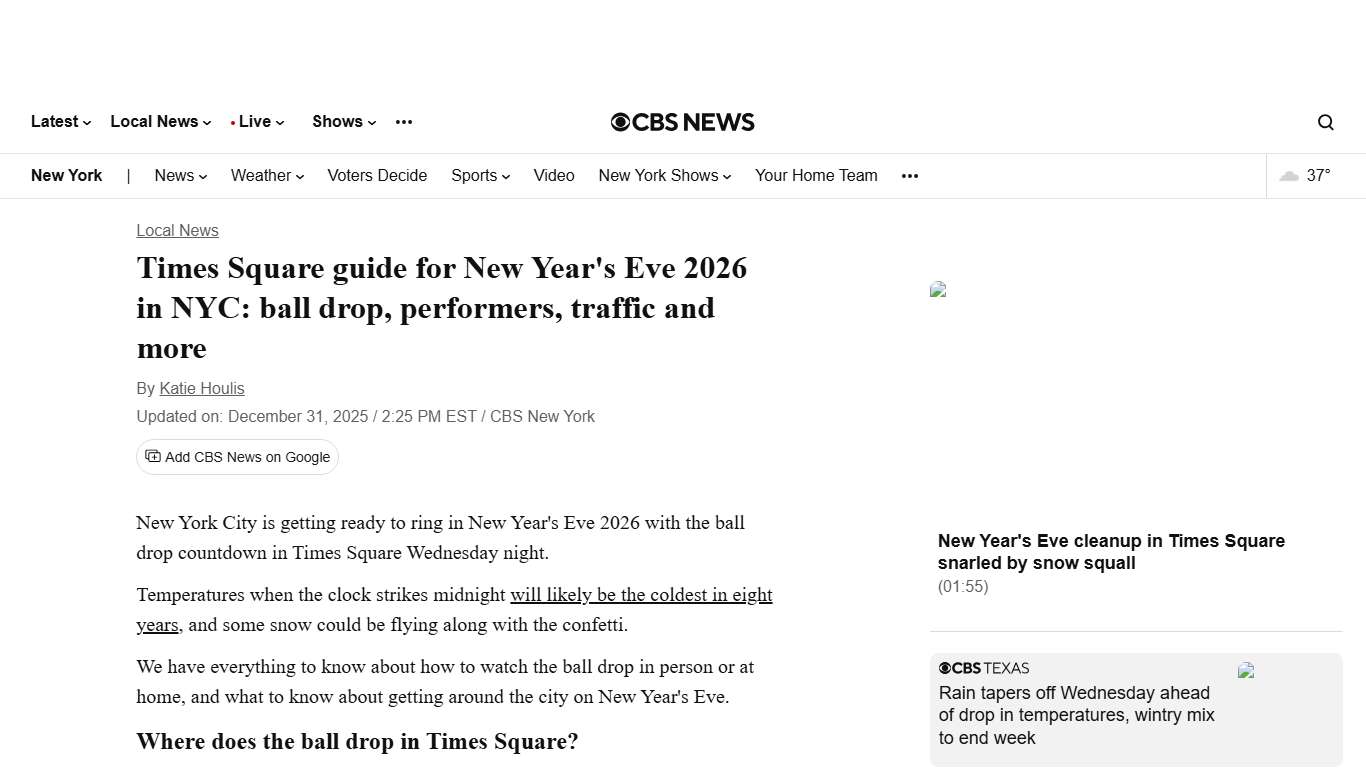 Times Square guide for New Year's Eve 2026 in NYC: ball drop, performers, traffic and more - CBS New York