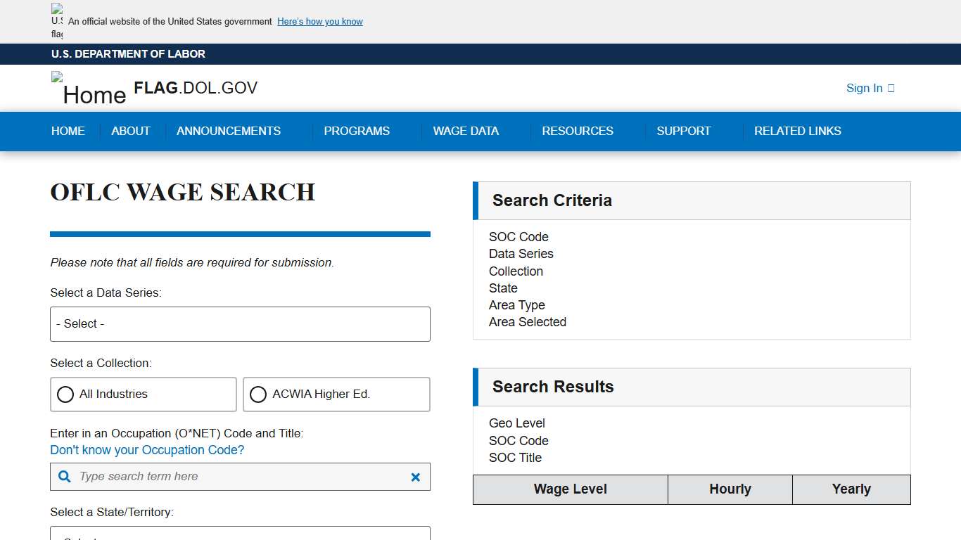 OFLC Wage Search | Flag.dol.gov
