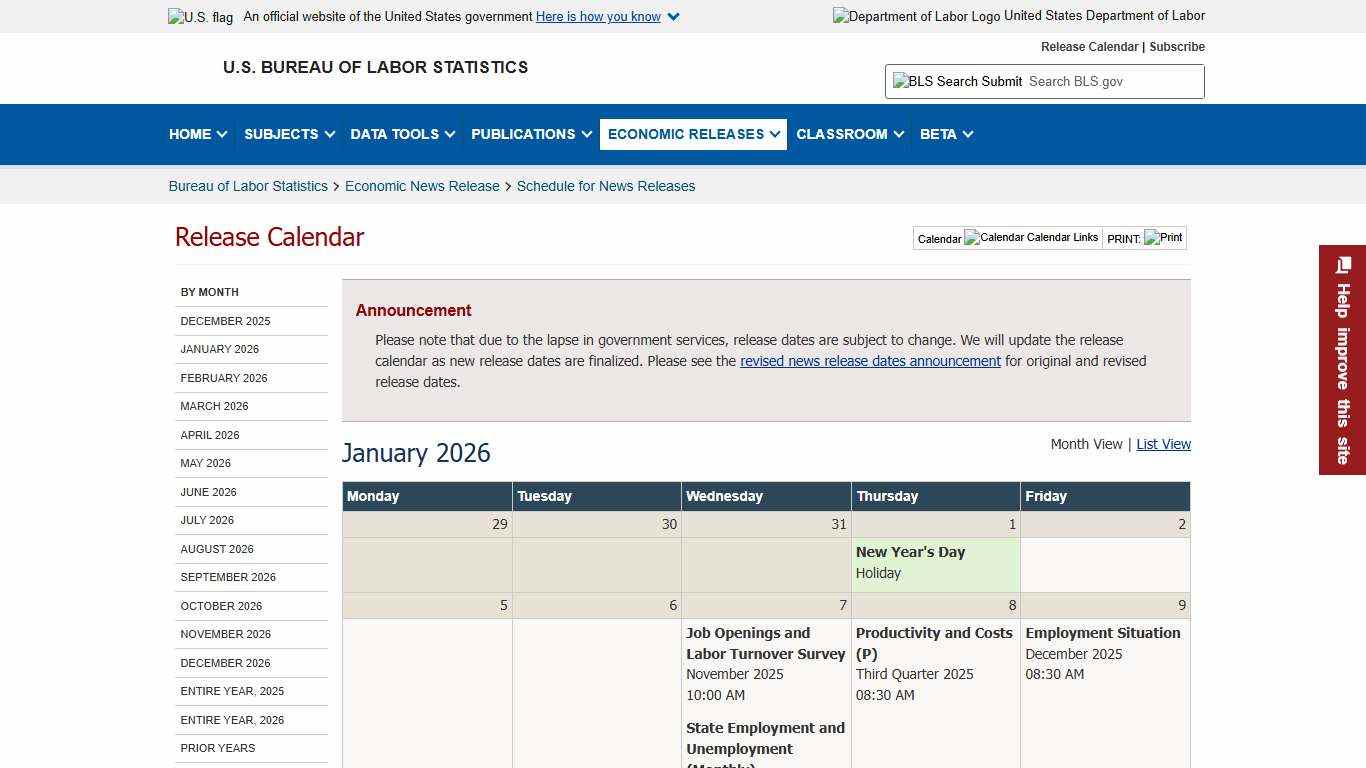 Schedule of Selected Releases for January 2026